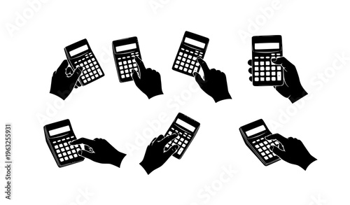 Hand using calculator silhouettes in different positions flat vector business finance usage concept set