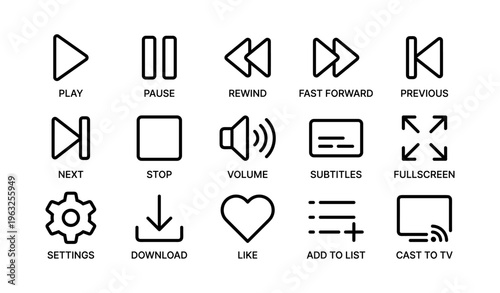 Media control icons set featuring playback, volume, and streaming symbols