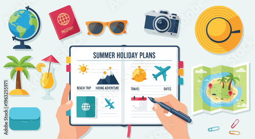 Illustration of summer holiday planning, featuring various vacation items