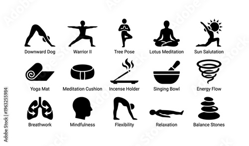 Yoga and meditation icons: poses, relaxation, mindfulness, energy flow, balance