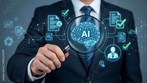 A businessman in a suit examines an AI brain icon with a magnifying glass on transparent background