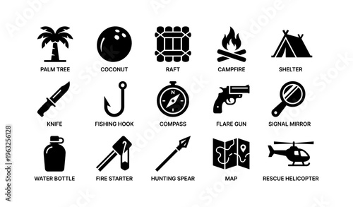 Survival tools and symbols for outdoor adventure enthusiasts