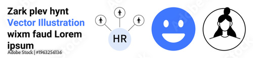 Human resources, teamwork, communication, networking, employee satisfaction, digital connectivity. HR symbol, happy face and female avatar illustration. Human resources and teamwork visual