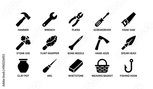 Set of essential hand tools and primitive tools icons