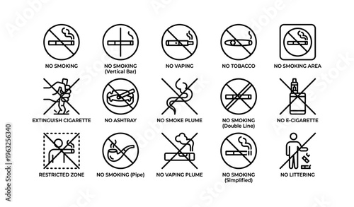 Icon set depicting no smoking no vaping no littering no tobacco signs