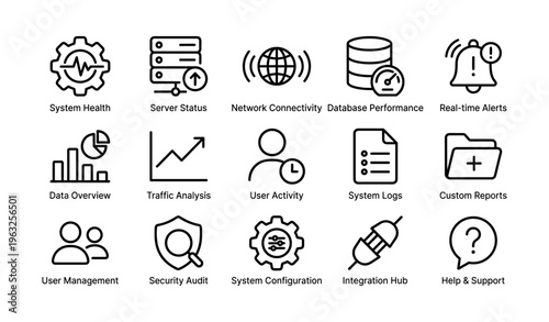 Icons representing system health, server status, data overview, user management, security audit