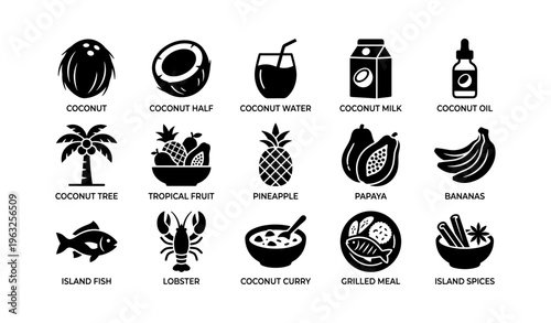 Icons of tropical fruits, seafood, and coconut products in bold black silhouettes