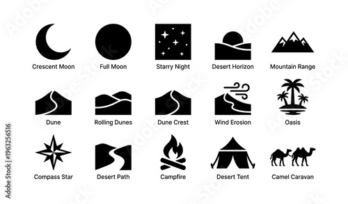 Desert icons: crescent moon, full moon, starry night, desert horizon, mountain range