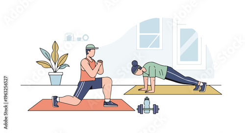 Illustration of two people exercising in a brightly lit room