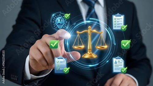 A businessman in a suit interacts with a digital interface of justice and law on transparent background