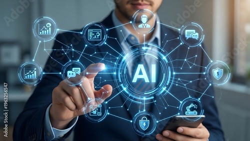 A businessman interacting with a futuristic AI interface on a transparent background