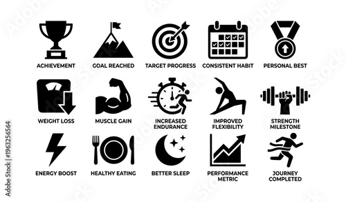 Fitness and achievement icons: progress, goals, health, strength, performance