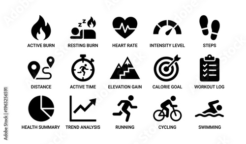 Fitness icons collection: exercise, health, and activity metrics
