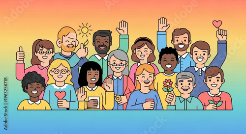 Diverse group of happy people waving and holding hearts flowers sunny background