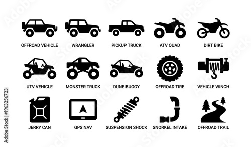 Offroad vehicles and accessories icons: trucks, quads, bikes, and gear