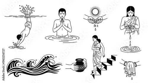 Black and white line art of ganga aarti bathing rituals and people praying in sacred water.