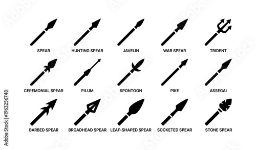 Various spear types icons collection featuring javelin pike trident pilum