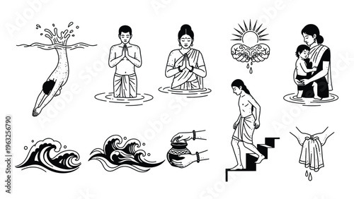 Traditional indian river bathing and prayer rituals in black ink line art style for religious design.