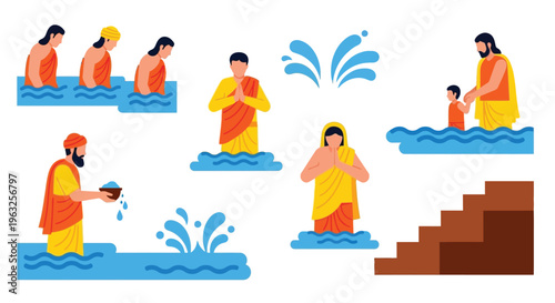 Flat vector illustration of pilgrims and priests performing religious bathing rituals in holy river.