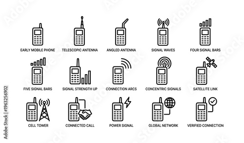 Vintage mobile phone icons with antennas and signal indicators