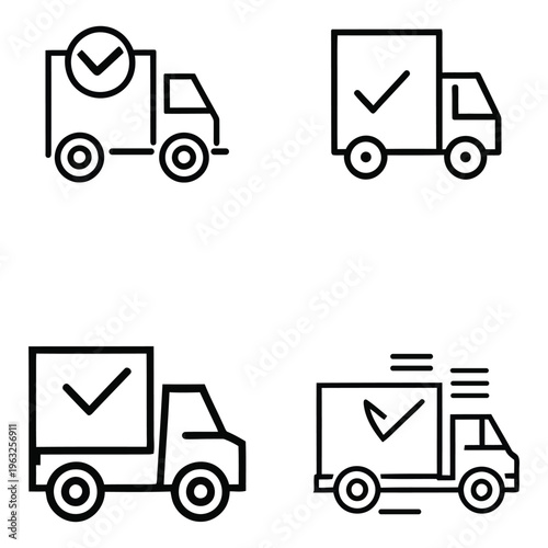 A professional collection of four delivery truck icons featuring a check mark symbol, representing successful shipping and fast delivery services.