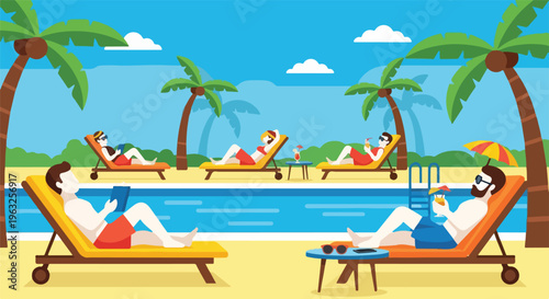 Illustration of people relaxing by a pool on a sunny beach day