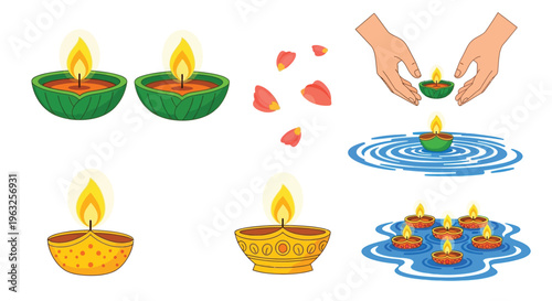 Traditional diya oil lamp vectors for diwali celebration and spiritual rituals.