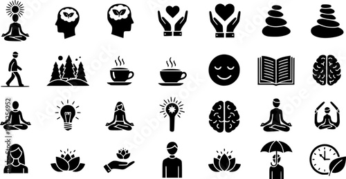 Mental Health and Wellness Silhouette Icon Set - Mindfulness, Meditation, and Self Care Vector Collection