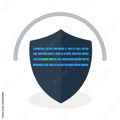 Digital security shield with digital code data icon.Cyber safety and data protection.Digital dark shield with abstract digital coding element.Firewall, network defense or encrypted data storage.Vector