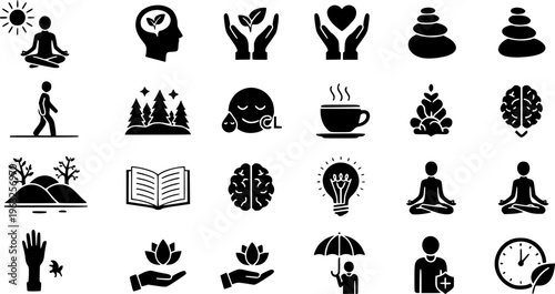 Mental Health and Wellness Silhouette Icon Set - Mindfulness, Meditation, and Self Care Vector Collection