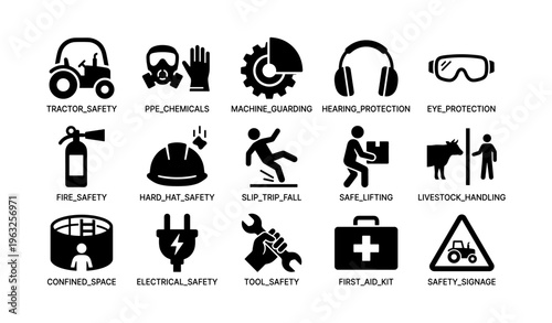 Safety icons for workplace: tractor, ppe, machine guarding, hearing and eye protection
