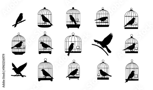 Minimal Bird Cage Icons with Birds Black Silhouette Vector Set