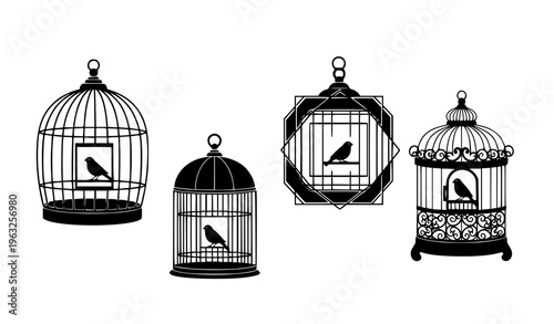 Bird Cage Silhouette Set Four Traditional Designs with Birds Vector