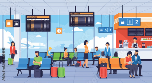 Illustration of people waiting in an airport terminal, plane visible