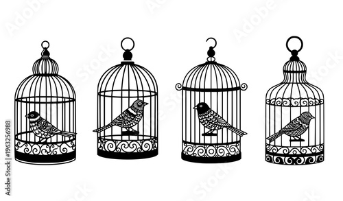 Decorative Bird Cage Collection Ornamental Black Vector Illustration