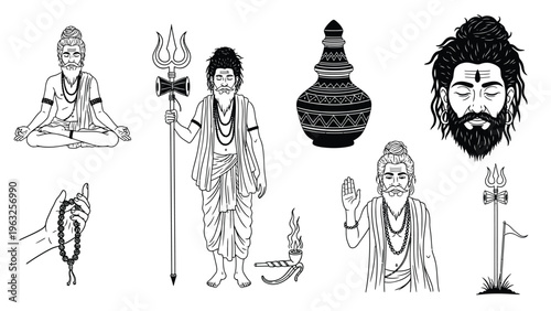 Indian sadhu ascetic monk line art set with meditation poses and religious objects.