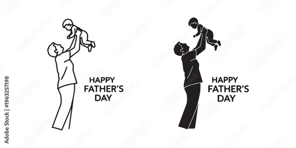 Fototapeta premium Black and white illustrations of fathers holding babies on fathers day