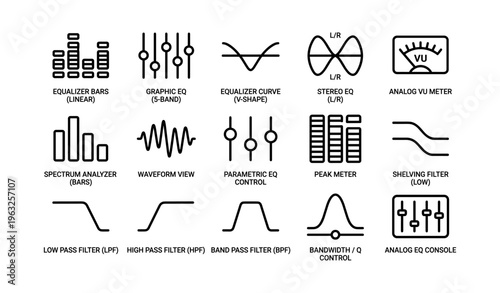 Audio icon set: equalizers, filters, meters, and controls