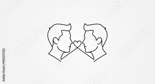 Two men sharing a romantic heart shaped kiss love and affection concept minimalistic line art