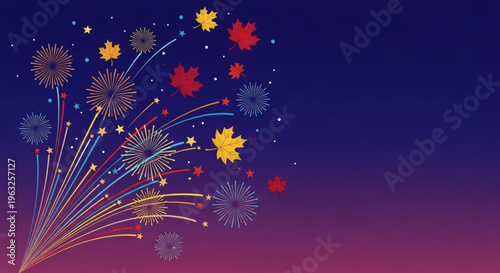 Vibrant fireworks explode in night sky with colorful autumn leaves and stars celebration background