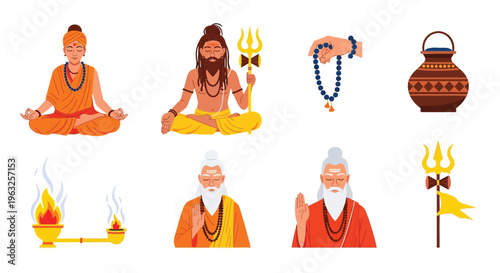 Hindu guru set in flat cartoon style, spiritual men doing meditation and prayer, spiritual practice.