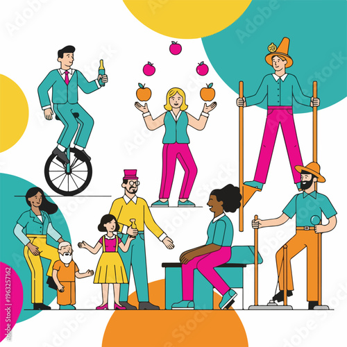Illustration of several diverse people, some performing circus acts