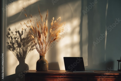 Warm Sunlight Illuminates Dried Flowers and Laptop on Wooden Desk.