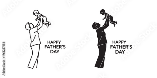 Black and white illustrations of fathers holding babies on fathers day