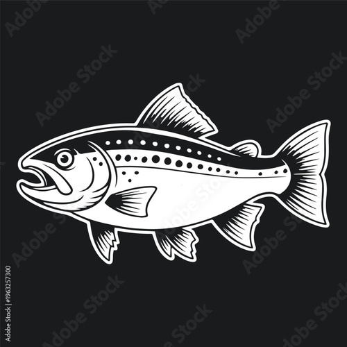 Rainbow Trout fish vector illustration, white stylized art on black background