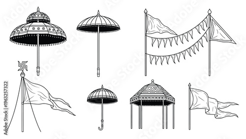Indian ceremonial umbrellas and flags vector set, traditional elements.