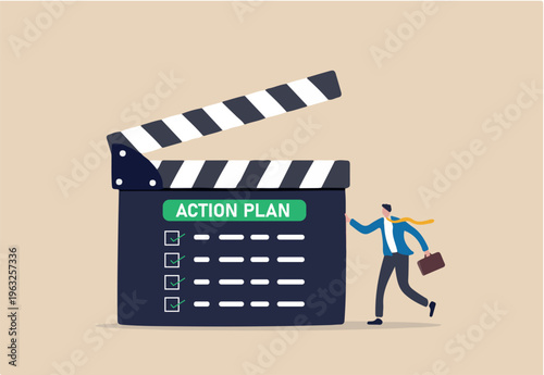 Action plan with checklist step by step of business implementation, procedure or strategy plan to finish project concept, businessman manager with director clapboard or slate listing action plan steps