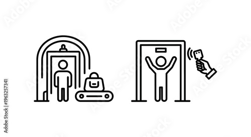 Airport security and screening icons: person and luggage at archway scanner and person at metal detector with scanner, representing travel safety and baggage inspection