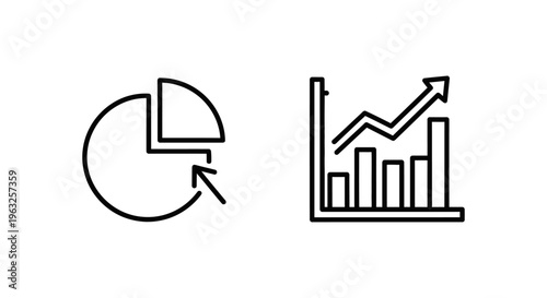 Conversion tracking and analytics icons: pie chart and bar graph with upward arrow for business growth and data analysis