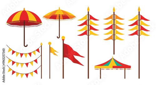 Indian ceremonial umbrellas and flags vector set, traditional elements.